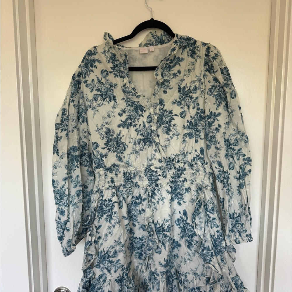 Gap x LoveShackFancy Smocked Ruffle Floral Toile Long Sleeve Mini Dress